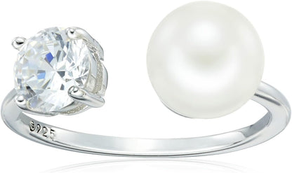 Platinum Plated Sterling Silver Infinite Elements Cubic Zirconia Freshwater Pearl Ring (Previously Amazon Collection) - WORLD TIME VISITS