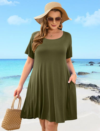 plus Size Summer T-Shirt Casual Dresses for Curvy Women Flowy Swing - WORLD TIME VISITS