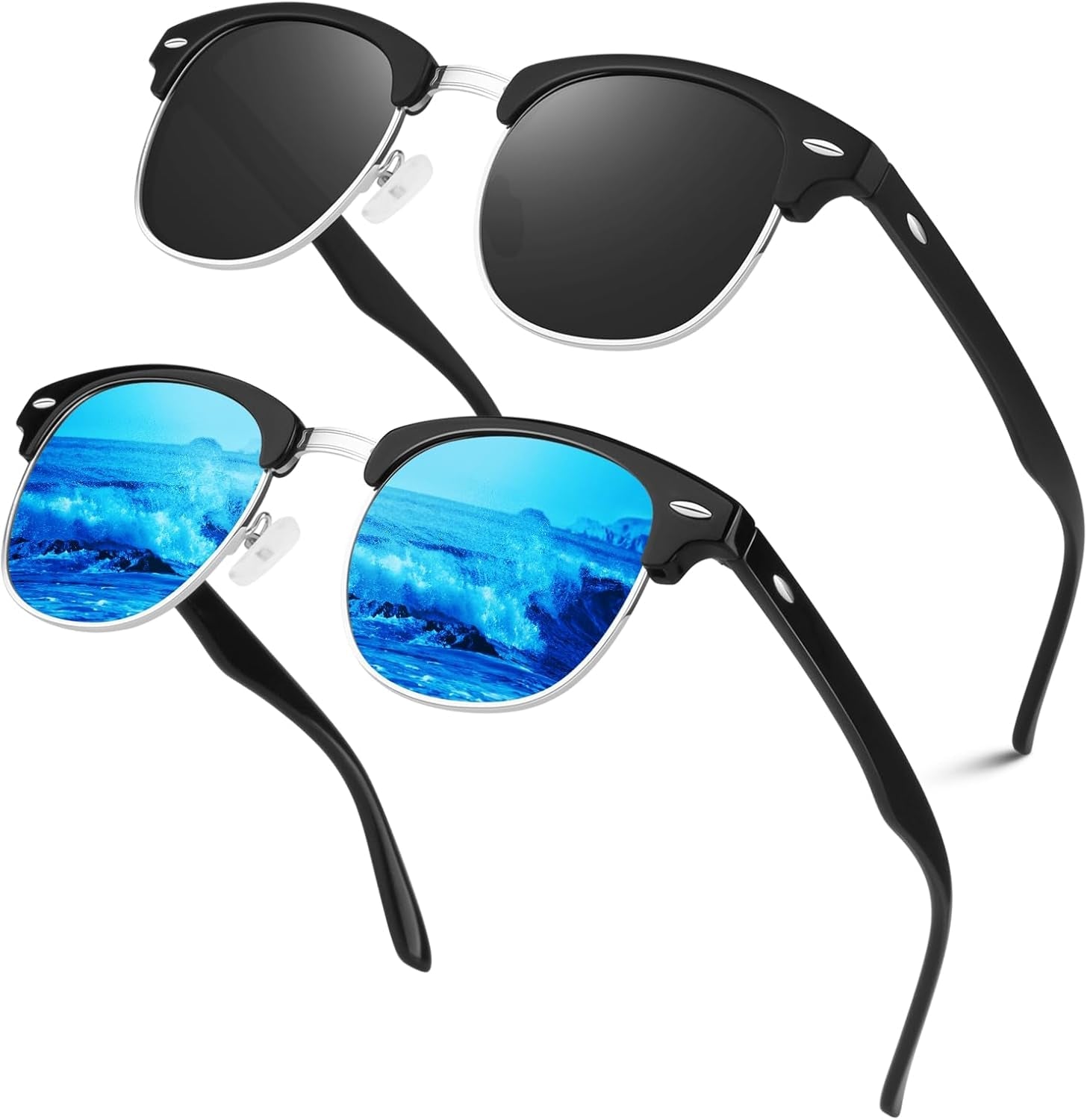 Polarized Semi Rimless Sunglasses for Men Women, Classic Retro Shades Half Frame Driving Sun Glasses UV Protection - WORLD TIME VISITS
