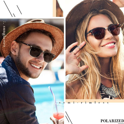 Polarized Semi Rimless Sunglasses for Men Women, Classic Retro Shades Half Frame Driving Sun Glasses UV Protection - WORLD TIME VISITS