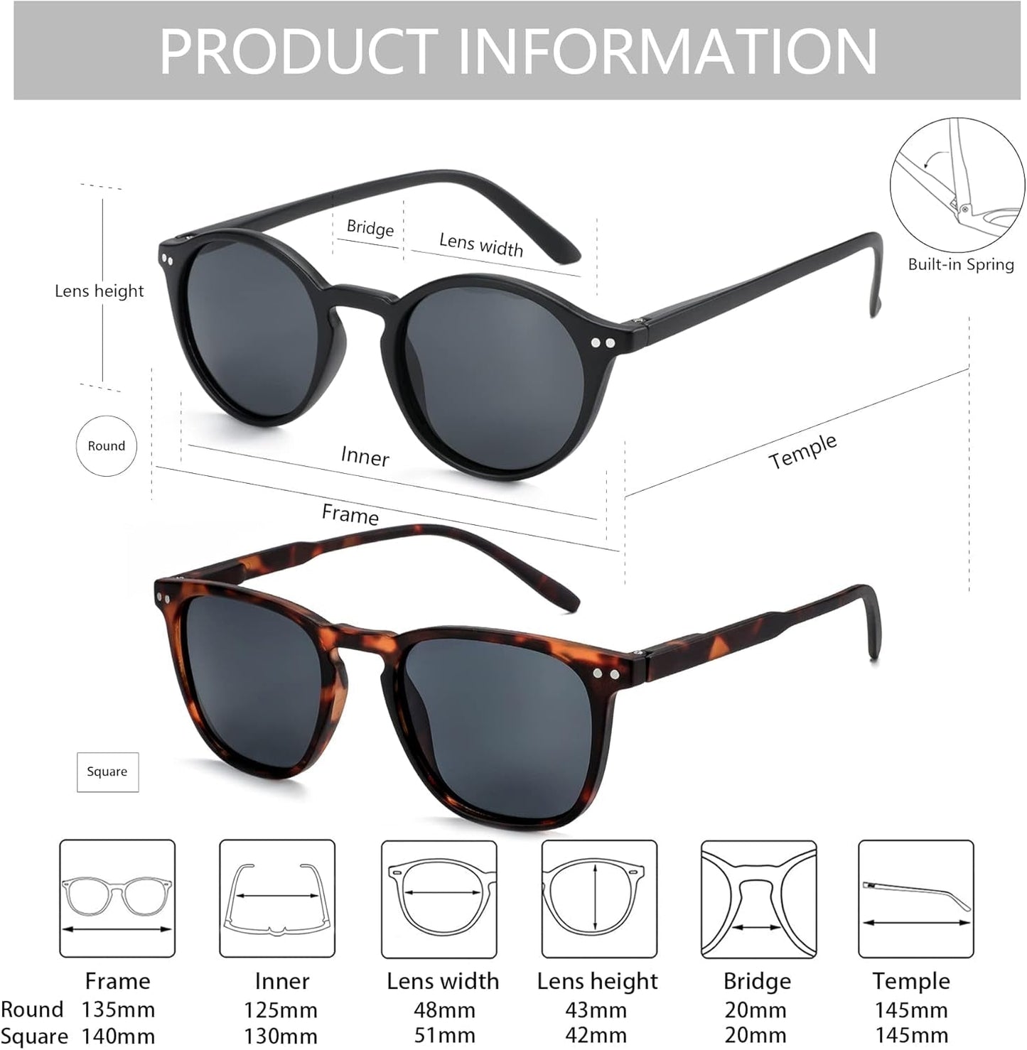 Polarized Sunglasses for Women Men: Retro Shades round | Square Frame UV Protection 2 Pack