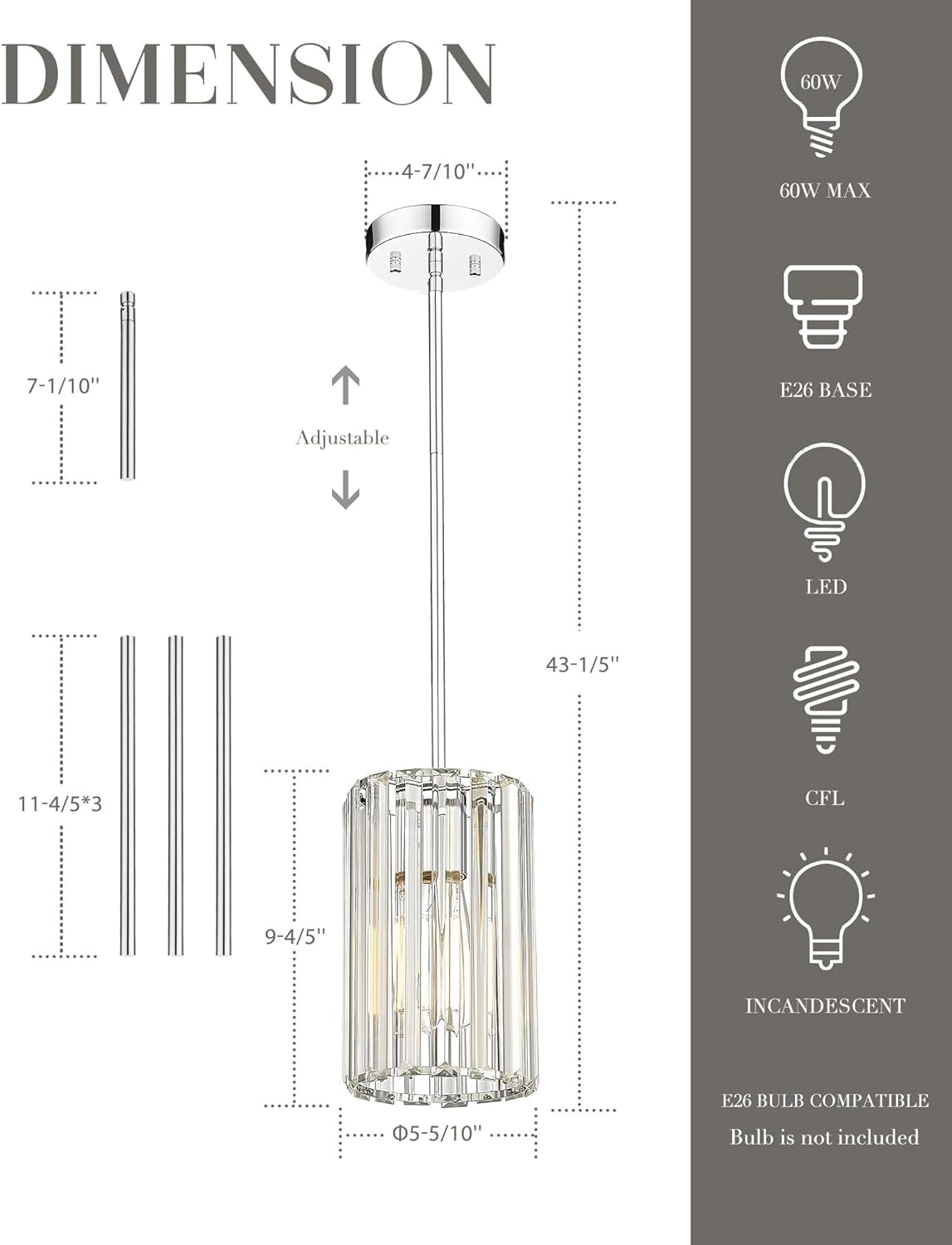 Polished Chrome Crystal Pendant Light, Modern Hanging Light Fixture, Mini Chandelier for Kitchen Dinning Room Bedroom, CKPL5510-1P-PC