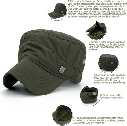 Polyester Water Resistant Military Caps for Men Quick Dry Cadet Hats for Women Army Cap Flat Top Dad Hat - WORLD TIME VISITS