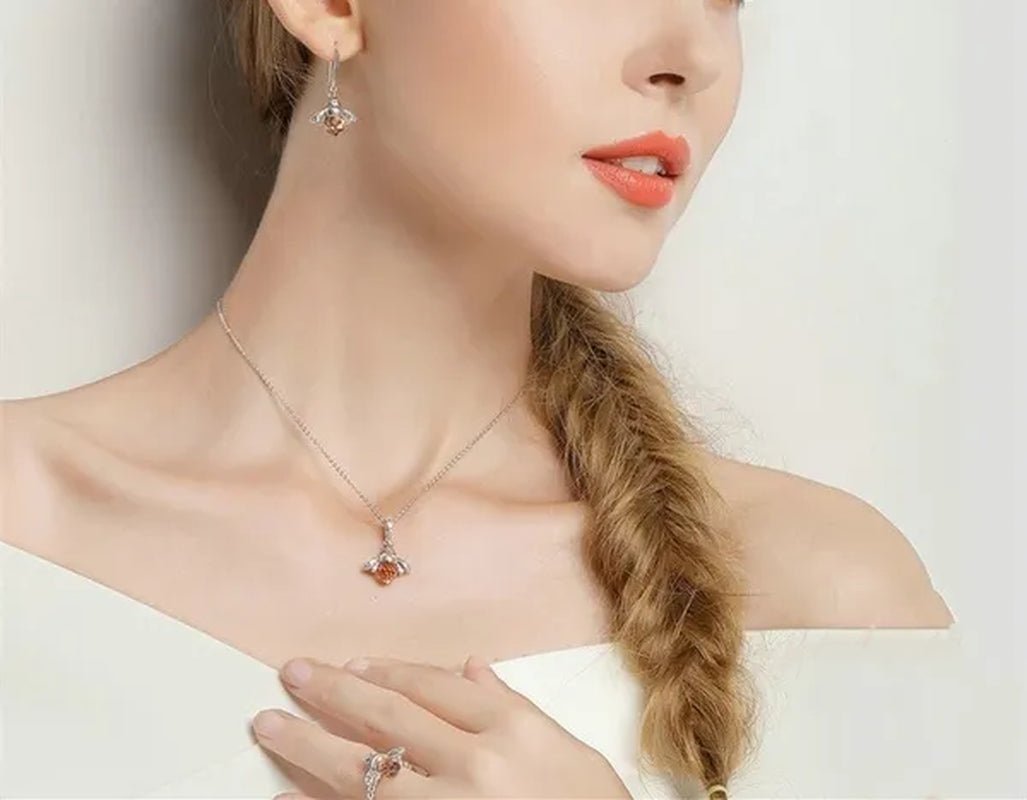 Popular Elegant Bee Design Gemstone Topaz Pendant Necklace/Earring/Ring/Bracelet 925 Silver Jewelry Set Mother's Day Gifts