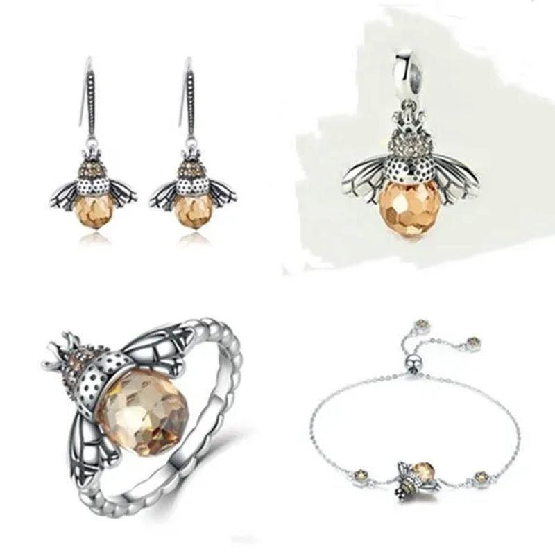 Popular Elegant Bee Design Gemstone Topaz Pendant Necklace/Earring/Ring/Bracelet 925 Silver Jewelry Set Mother's Day Gifts - WORLD TIME VISITS