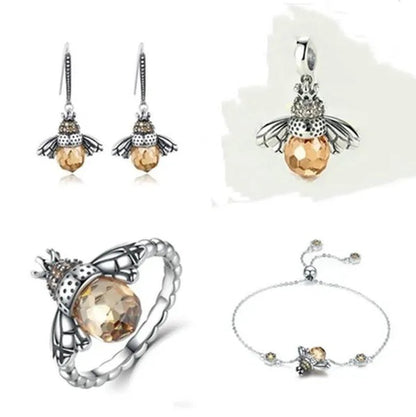 Popular Elegant Bee Design Gemstone Topaz Pendant Necklace/Earring/Ring/Bracelet 925 Silver Jewelry Set Mother's Day Gifts - WORLD TIME VISITS