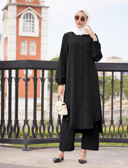 Prayer Clothes for Muslim Women 2 Piece Long Sleeve Button down Shirt Dress Wide Leg Pants Abaya Dress for Women Islamic Clothes Middle East Ramadan Muslim Dresses Eid Dresses for Women Black L - WORLD TIME VISITS