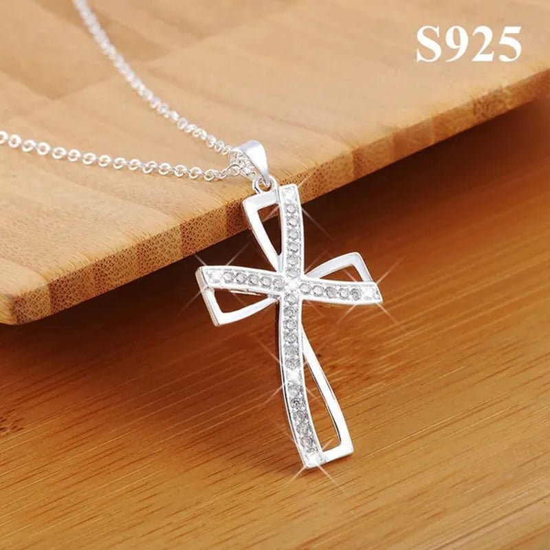 Pretty Women's 925 Sterling Silver Elegant Cross Pendant Diamonds Necklace(with Chain) - WORLD TIME VISITS