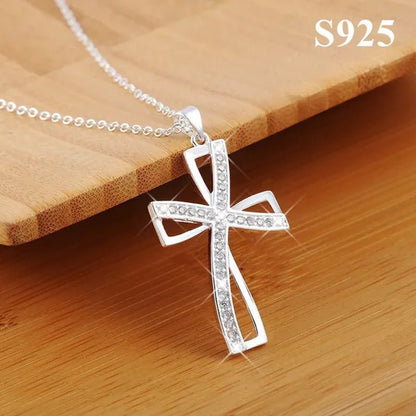 Pretty Women's 925 Sterling Silver Elegant Cross Pendant Diamonds Necklace(with Chain) - WORLD TIME VISITS