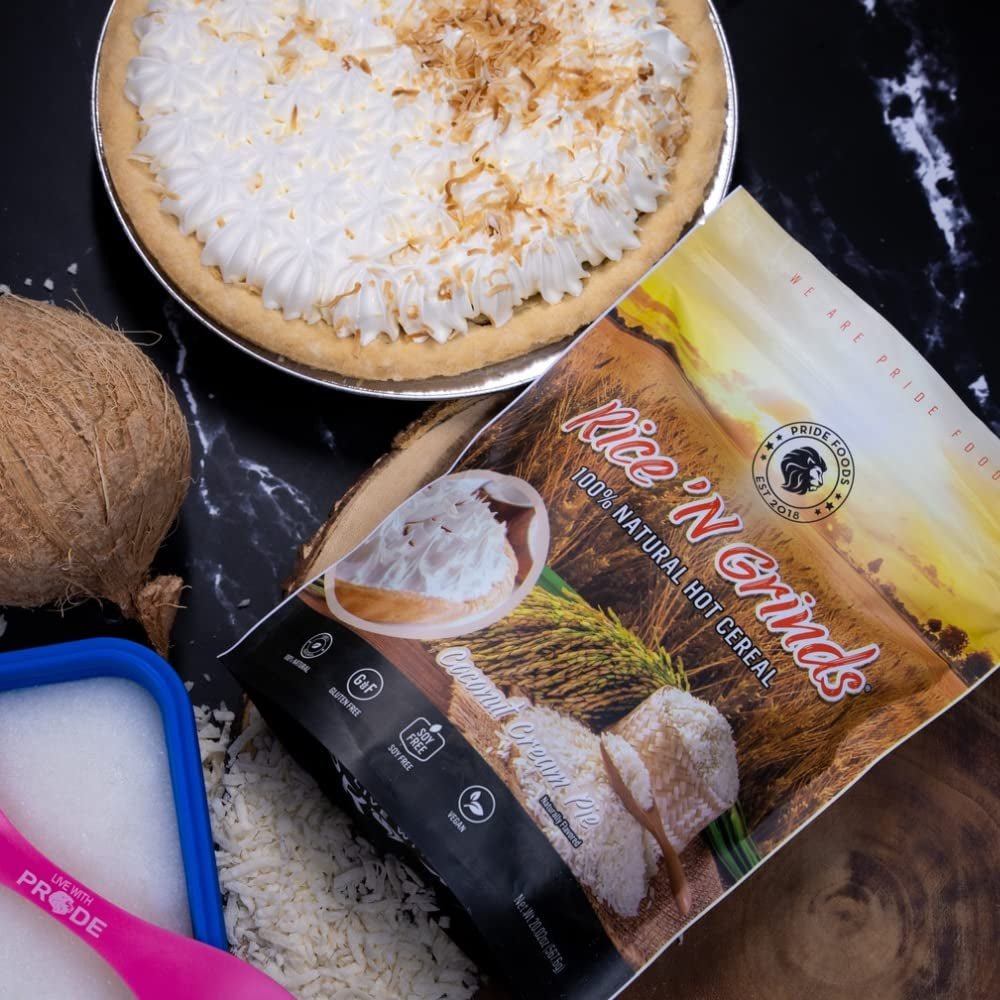 Pride Foods Rice 'N Grinds Hot Cereal - Gluten-Free, Non-Gmo, Vegan-Friendly, Natural Rice Breakfast, Quick & Easy Hot Meal, Low-Fat Comfort Food, 30 Servings, Coconut Cream Pie