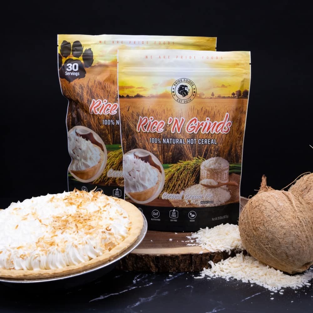 Pride Foods Rice 'N Grinds Hot Cereal - Gluten-Free, Non-Gmo, Vegan-Friendly, Natural Rice Breakfast, Quick & Easy Hot Meal, Low-Fat Comfort Food, 30 Servings, Coconut Cream Pie