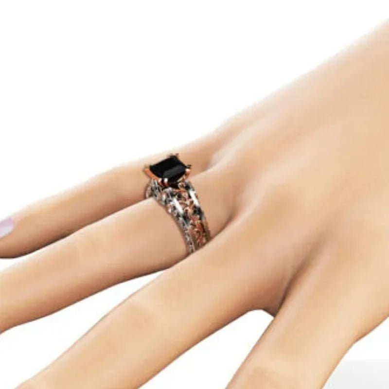 Princess Black Sapphire Diamond Engagement Ring 18K Rose Gold 925 Sterling Silver Wedding Bridal Rings size 5-10