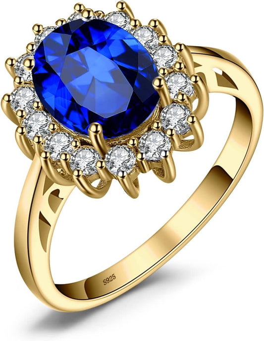 Princess Diana Kate Middleton Class Gemstone Birthstone Sapphire Halo Engagement Rings for Women, Anniversary 14K White Yellow Rose Gold Plated 925 Sterling Silver Promise Rings for Her - WORLD TIME VISITS