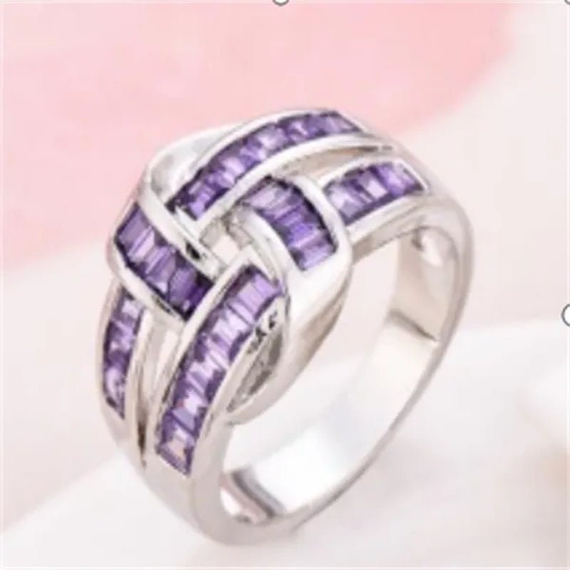 Princess silvering purple Amethyst Gemstone Birthstone Wedding Engagement Heart Ring - WORLD TIME VISITS