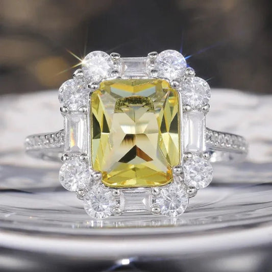 Princess Square Cut Citrine Vice Stone Lab Diamond Silver Plated Women Ring Bridal Romantic Wedding Fine Jewelry - WORLD TIME VISITS