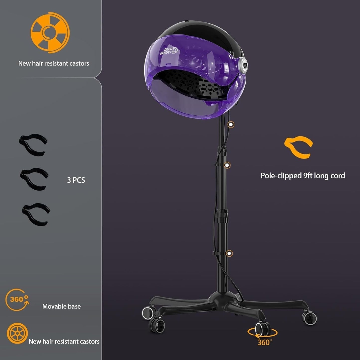 Professional Standing Hair Dryer - 1875W Floor Standing Hooded Dryer Hair Bonnet with Ionic Generator for Professional Salon Station Spa Home Use Hair Drying Treatment Adds Shine Volume (Purple)