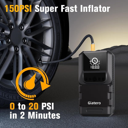 Q13 4000A Portable Car Jump Starter with Air Compressor 150PSI, Jump Start Battery Pack(10.0L Gas/8.0L Diesel), 12V Jump Box with 3 Modes Flashlight & Jumper Cable, LCD Display Power Bank