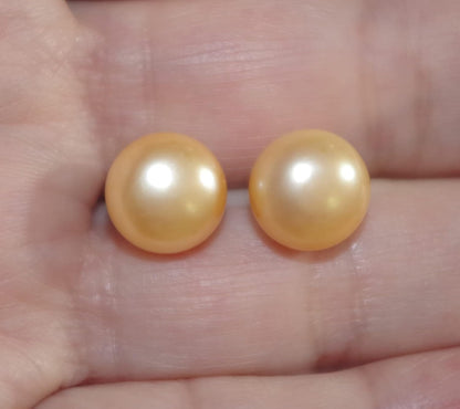 Quality Golden Champagne Pearl Semi round Dome Button 10 MM Stud Earrings 14K Gold Filled