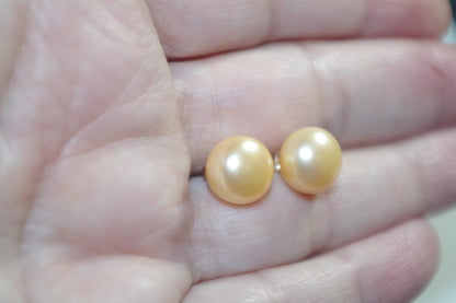 Quality Golden Champagne Pearl Semi round Dome Button 10 MM Stud Earrings 14K Gold Filled