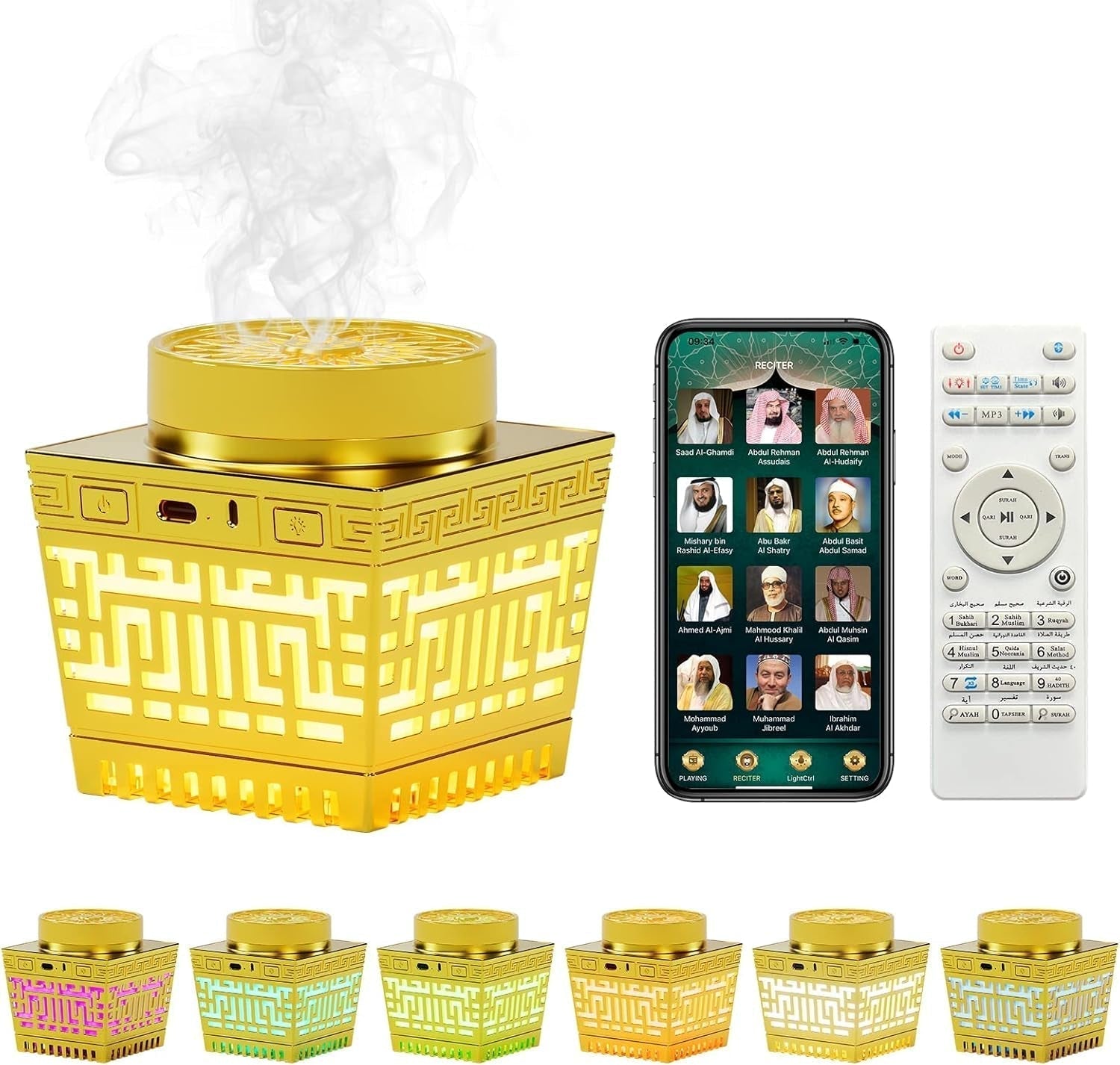 Quran Speaker & Mini Incense Burner Bakhoor,Remote Control with 114 Quran Chapters, Multicolor Changing Bluetooth Speaker, Night Light MP3 Music Player with 18 Reciters and 17 Translations - WORLD TIME VISITS