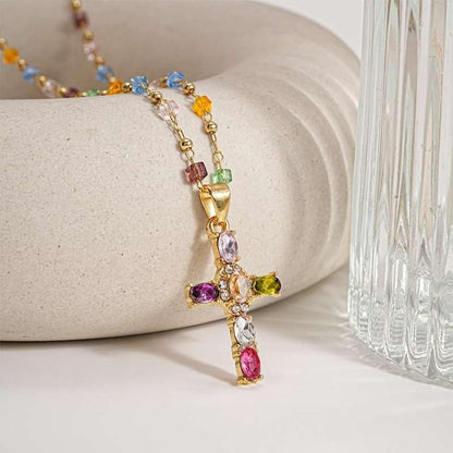 Rainbow Cross Pendant Necklace Colorful Shiny Rhinestones Charm Necklace Dainty Faith Cross Pendant Necklace Faith Christian Costume Accessories Jewelry for Women