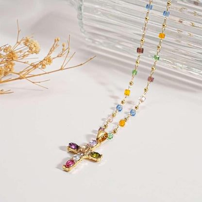 Rainbow Cross Pendant Necklace Colorful Shiny Rhinestones Charm Necklace Dainty Faith Cross Pendant Necklace Faith Christian Costume Accessories Jewelry for Women