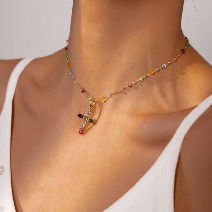 Rainbow Cross Pendant Necklace Colorful Shiny Rhinestones Charm Necklace Dainty Faith Cross Pendant Necklace Faith Christian Costume Accessories Jewelry for Women - WORLD TIME VISITS
