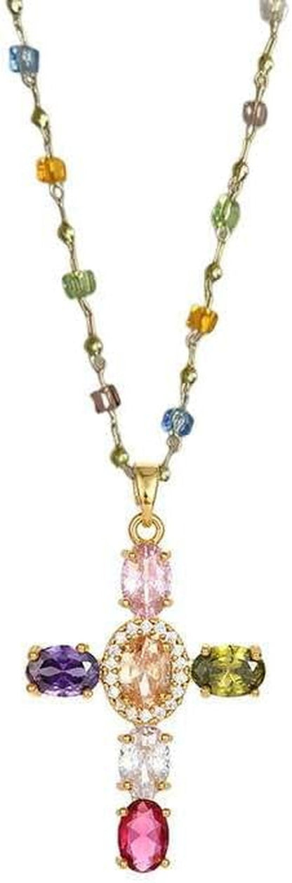 Rainbow Cross Pendant Necklace Colorful Shiny Rhinestones Charm Necklace Dainty Faith Cross Pendant Necklace Faith Christian Costume Accessories Jewelry for Women - WORLD TIME VISITS