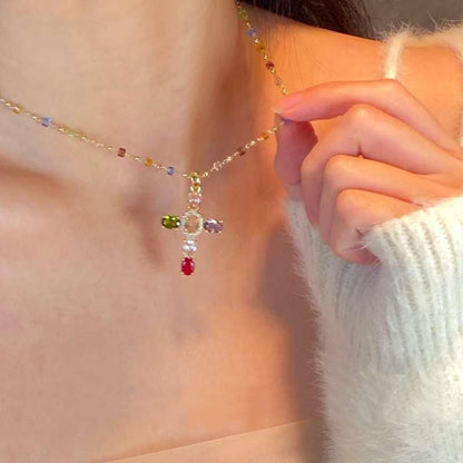 Rainbow Cross Pendant Necklace Colorful Shiny Rhinestones Charm Necklace Dainty Faith Cross Pendant Necklace Faith Christian Costume Accessories Jewelry for Women