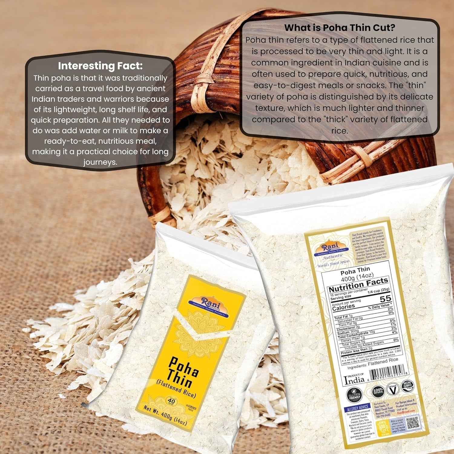 Rani Poha (Powa) Thin Cut (Flattened Rice) 14Oz (400G) ~ All Natural, Salt - Free | Vegan | Kosher | No Colors | Gluten Friendly | Indian Origin - WORLD TIME VISITS