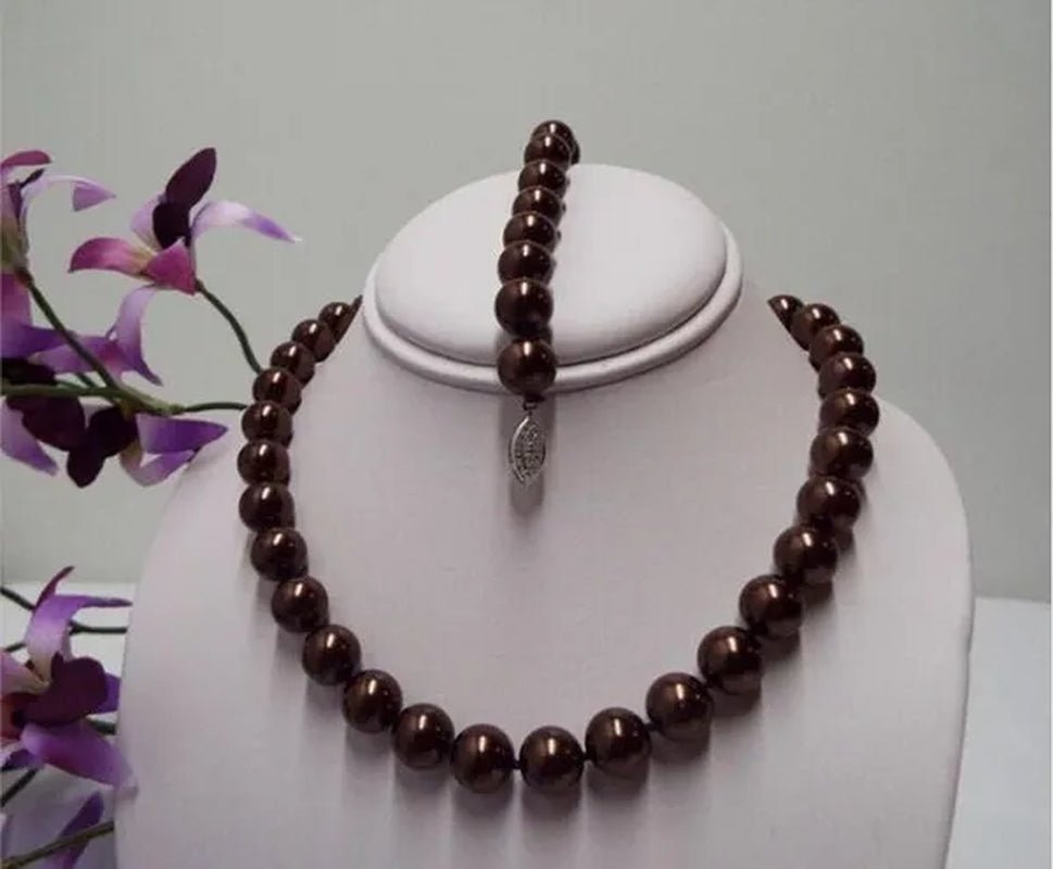 Rare Rich Chocolate Color 14mm 1 Pc South Sea Shell Pearl Necklace Bracelet Set - WORLD TIME VISITS