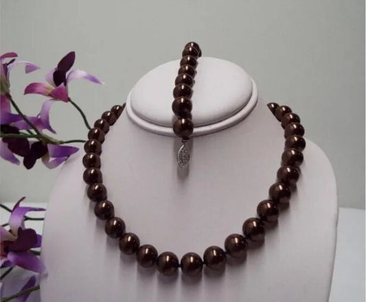 Rare Rich Chocolate Color 14mm 1 Pc South Sea Shell Pearl Necklace Bracelet Set - WORLD TIME VISITS