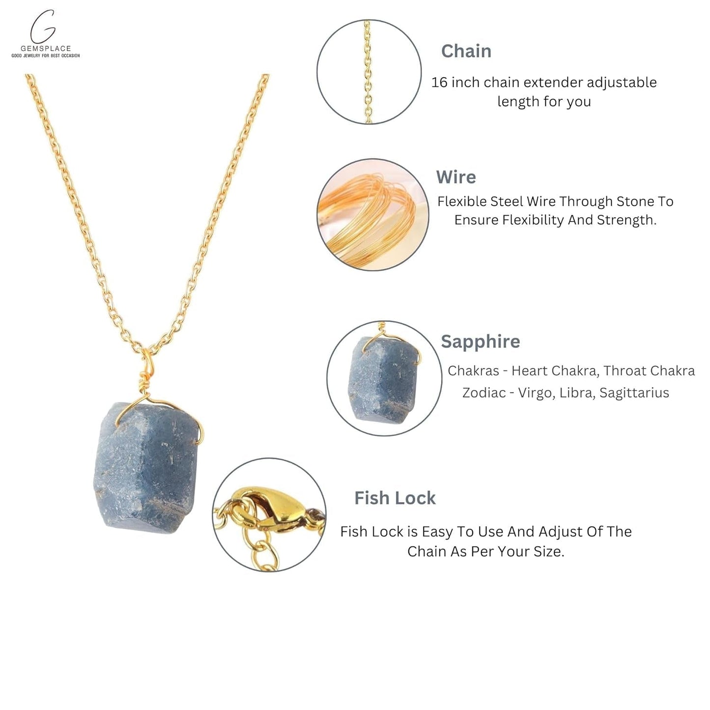 Raw Crystal Necklace, Blue Sapphire Rough Stone Necklace, Dainty Stone Pendant, Healing Crystals Healing Stone Pendant for Beauty, Love and Positive, Jewelry Gift