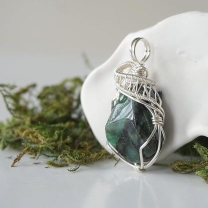 Raw Emerald Necklace, May Birthstone Jewelry, with 18 Inch Sterling Silver Chain, Genuine Raw Crystal, Handmade in North America