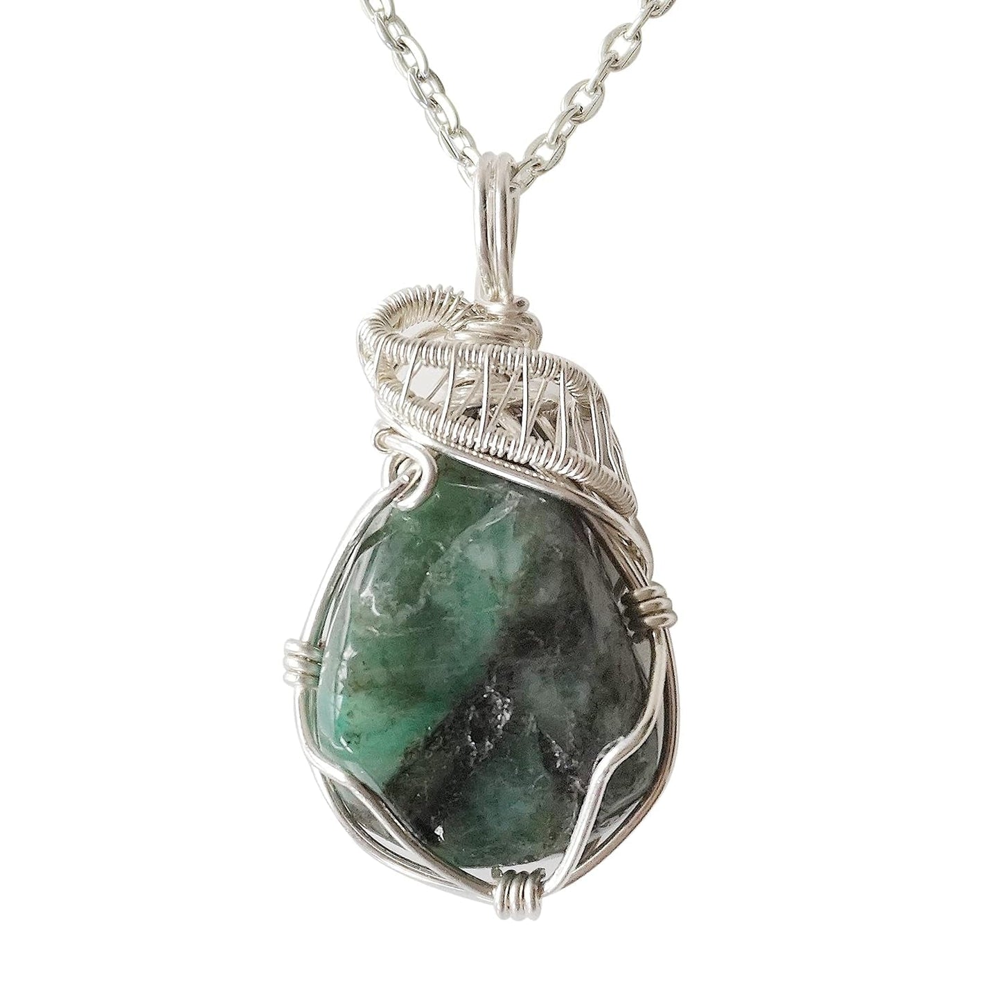 Raw Emerald Necklace, May Birthstone Jewelry, with 18 Inch Sterling Silver Chain, Genuine Raw Crystal, Handmade in North America - WORLD TIME VISITS