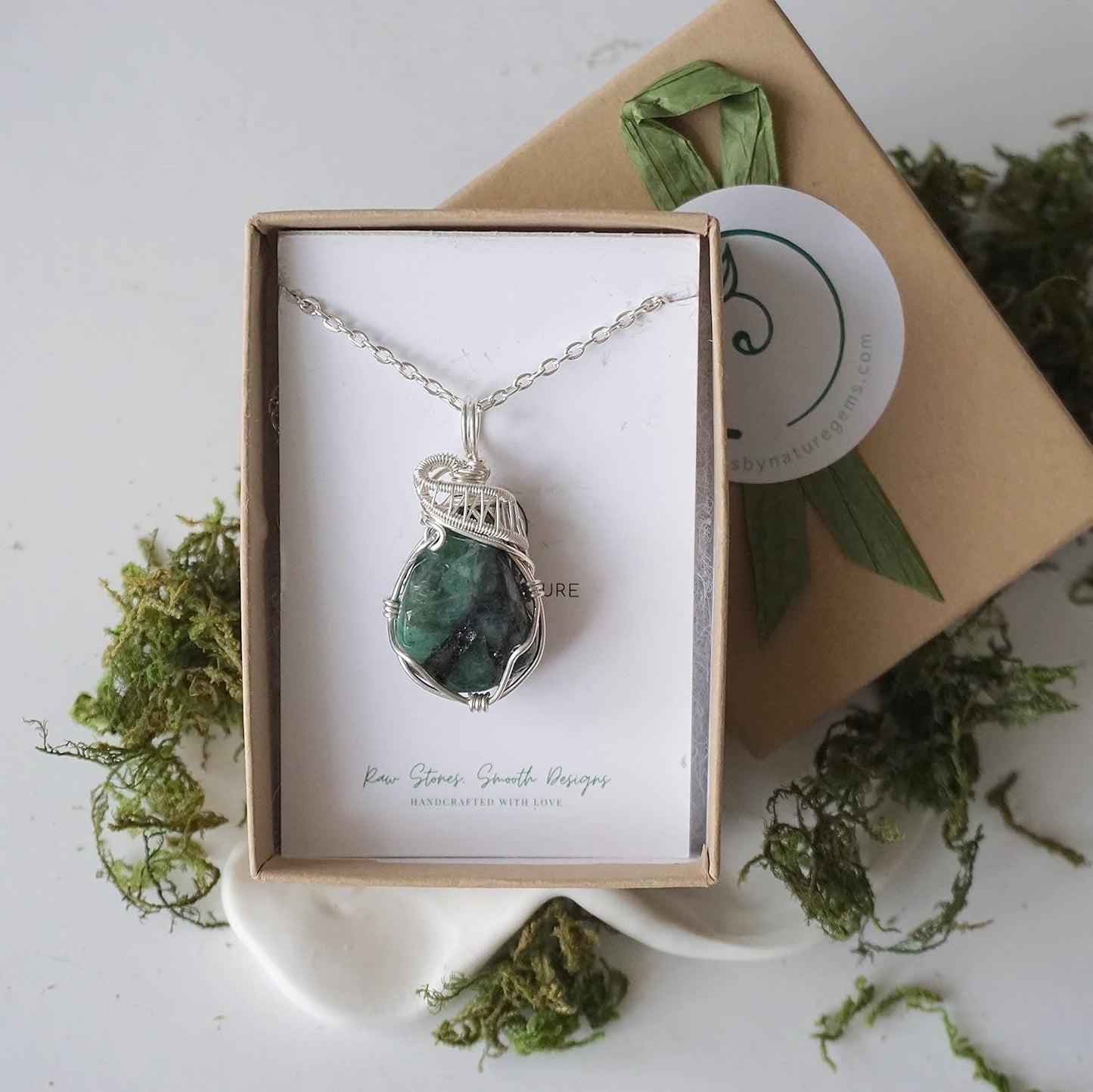 Raw Emerald Necklace, May Birthstone Jewelry, with 18 Inch Sterling Silver Chain, Genuine Raw Crystal, Handmade in North America