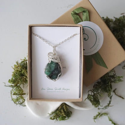 Raw Emerald Necklace, May Birthstone Jewelry, with 18 Inch Sterling Silver Chain, Genuine Raw Crystal, Handmade in North America
