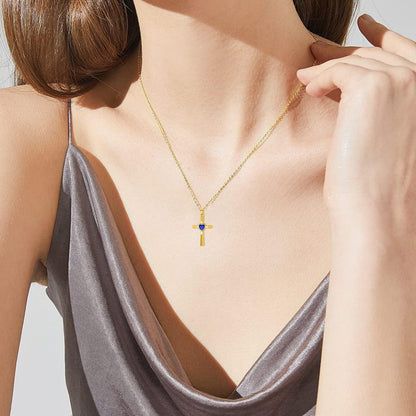 Real 10K 14K 18K Gold Birthstone Cross Necklace with Laser Diamond Cut, Glittering 1/2 Carat Gemstone Heart Birthstone Cross Pendant Necklaces for Women Wife Girlfriend Her Mothers Day