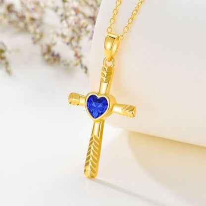 Real 10K 14K 18K Gold Birthstone Cross Necklace with Laser Diamond Cut, Glittering 1/2 Carat Gemstone Heart Birthstone Cross Pendant Necklaces for Women Wife Girlfriend Her Mothers Day