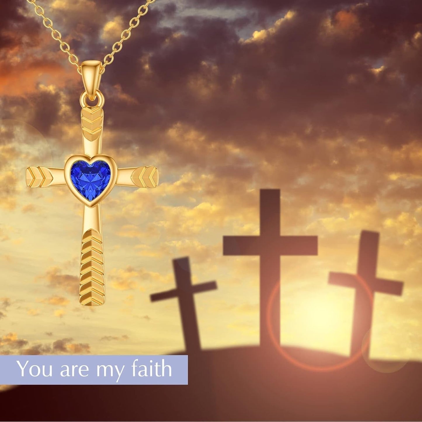 Real 10K 14K 18K Gold Birthstone Cross Necklace with Laser Diamond Cut, Glittering 1/2 Carat Gemstone Heart Birthstone Cross Pendant Necklaces for Women Wife Girlfriend Her Mothers Day