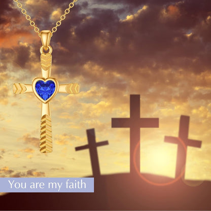 Real 10K 14K 18K Gold Birthstone Cross Necklace with Laser Diamond Cut, Glittering 1/2 Carat Gemstone Heart Birthstone Cross Pendant Necklaces for Women Wife Girlfriend Her Mothers Day