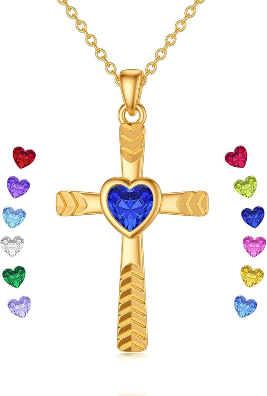 Real 10K 14K 18K Gold Birthstone Cross Necklace with Laser Diamond Cut, Glittering 1/2 Carat Gemstone Heart Birthstone Cross Pendant Necklaces for Women Wife Girlfriend Her Mothers Day - WORLD TIME VISITS
