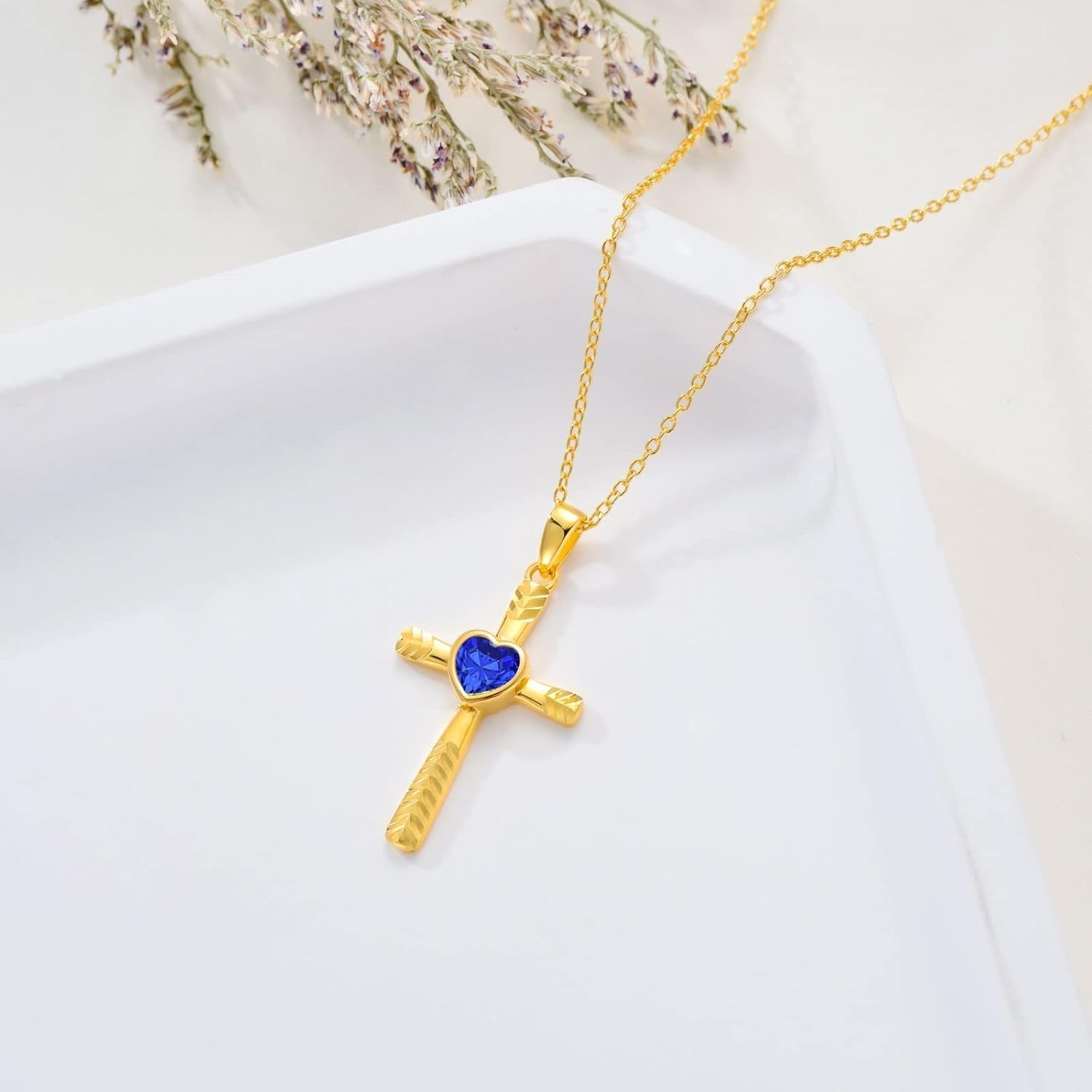 Real 10K 14K 18K Gold Birthstone Cross Necklace with Laser Diamond Cut, Glittering 1/2 Carat Gemstone Heart Birthstone Cross Pendant Necklaces for Women Wife Girlfriend Her Mothers Day - WORLD TIME VISITS