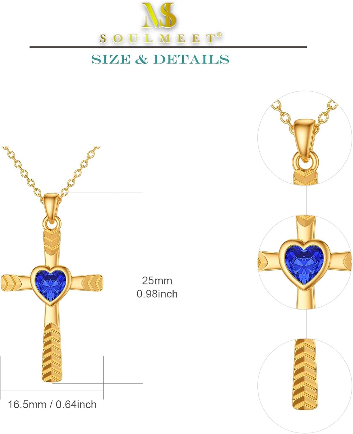 Real 10K 14K 18K Gold Birthstone Cross Necklace with Laser Diamond Cut, Glittering 1/2 Carat Gemstone Heart Birthstone Cross Pendant Necklaces for Women Wife Girlfriend Her Mothers Day