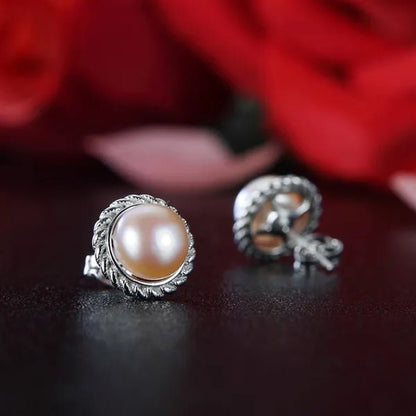 Real 925 Sterling Silver with 8-9Mm Pink Freshwater Cultured Pearl Stud Earring Women Party Gifts Fine Jewelry FEIGE