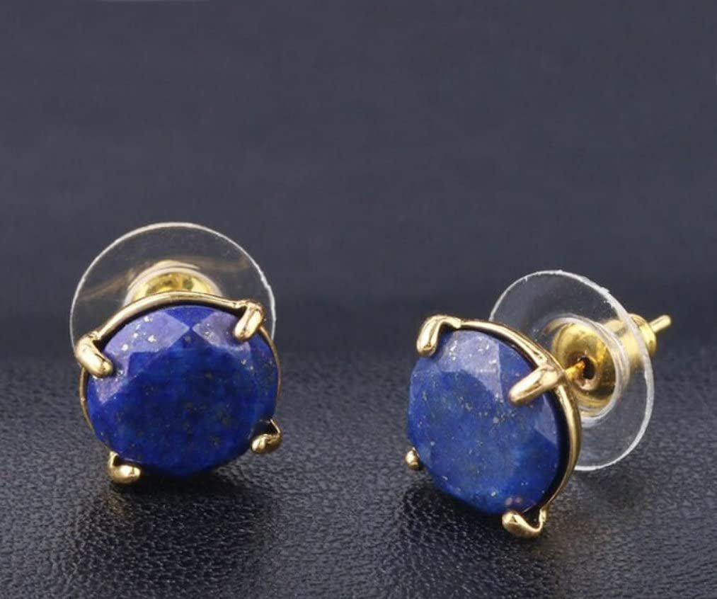 Real Natural Stones Lapis Lazuli Earrings round Faceted Stud Earrings Gold-Filled Genuine Gemstone - USA  (Lapis-Lazuli)