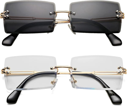 Rectangle Sunglasses for Men/Women Small Rimless Square Shade Eyewear - WORLD TIME VISITS
