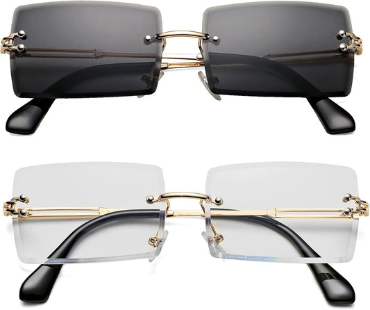 Rectangle Sunglasses for Men/Women Small Rimless Square Shade Eyewear - WORLD TIME VISITS