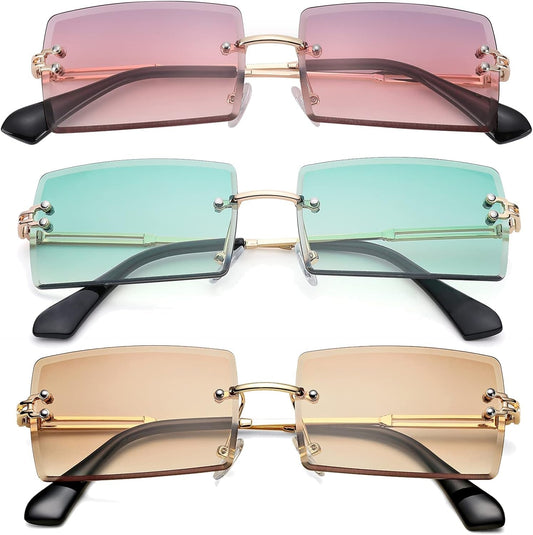 Rectangle Sunglasses for Men/Women Small Rimless Square Shade Eyewear - WORLD TIME VISITS