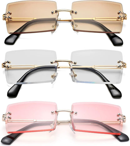 Rectangle Sunglasses for Men/Women Small Rimless Square Shade Eyewear - WORLD TIME VISITS